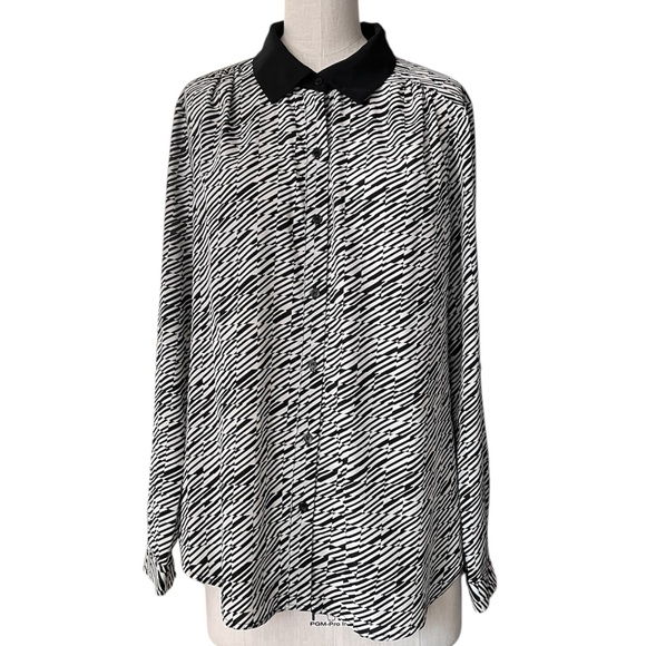 Black White Mixed Pattern Blouse Polka Dot Striped - Picture 6 of 12